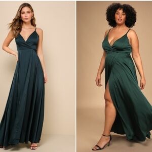LULU's Prom Wedding Bridesmaid Emerald Green Satin Thigh Slit Gown • Small NWOT